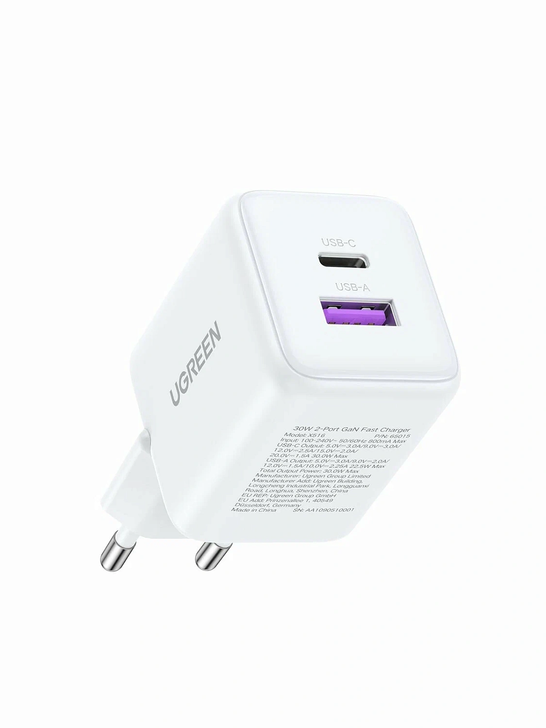 65015 Зарядное устройство UGREEN X516 GaN 30W 1xUSB-A, 2-xUSB-C. Цвет: белый